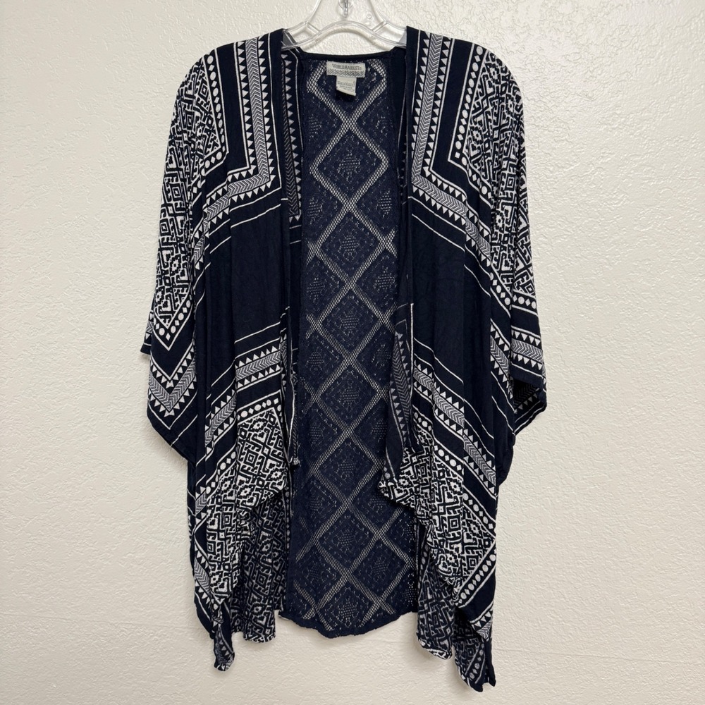 World Market Kimono Women OS Blue Rayon Lace Geometric Boho Cardigan‎ Wrap